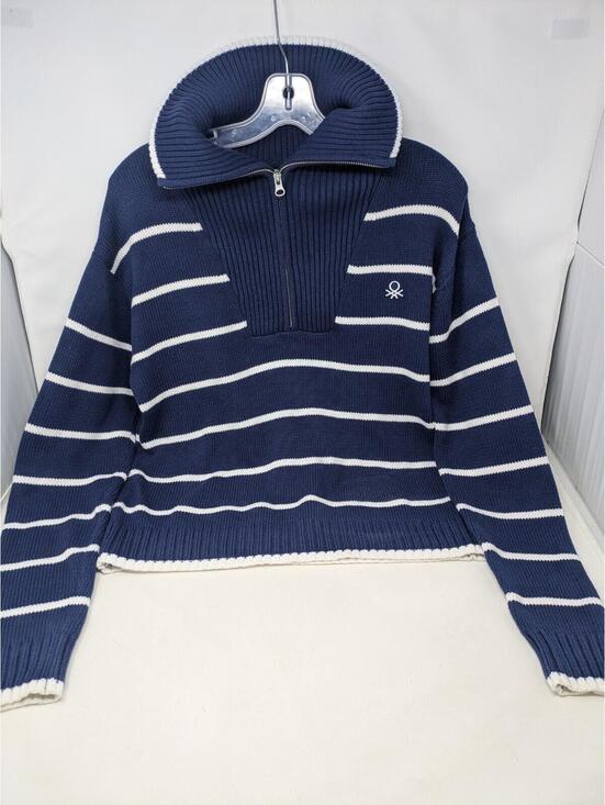 United Colors Of Benetton Sweaters - United Colors Of Benetton Blue & White Zip Up Sweater-Womens Small
